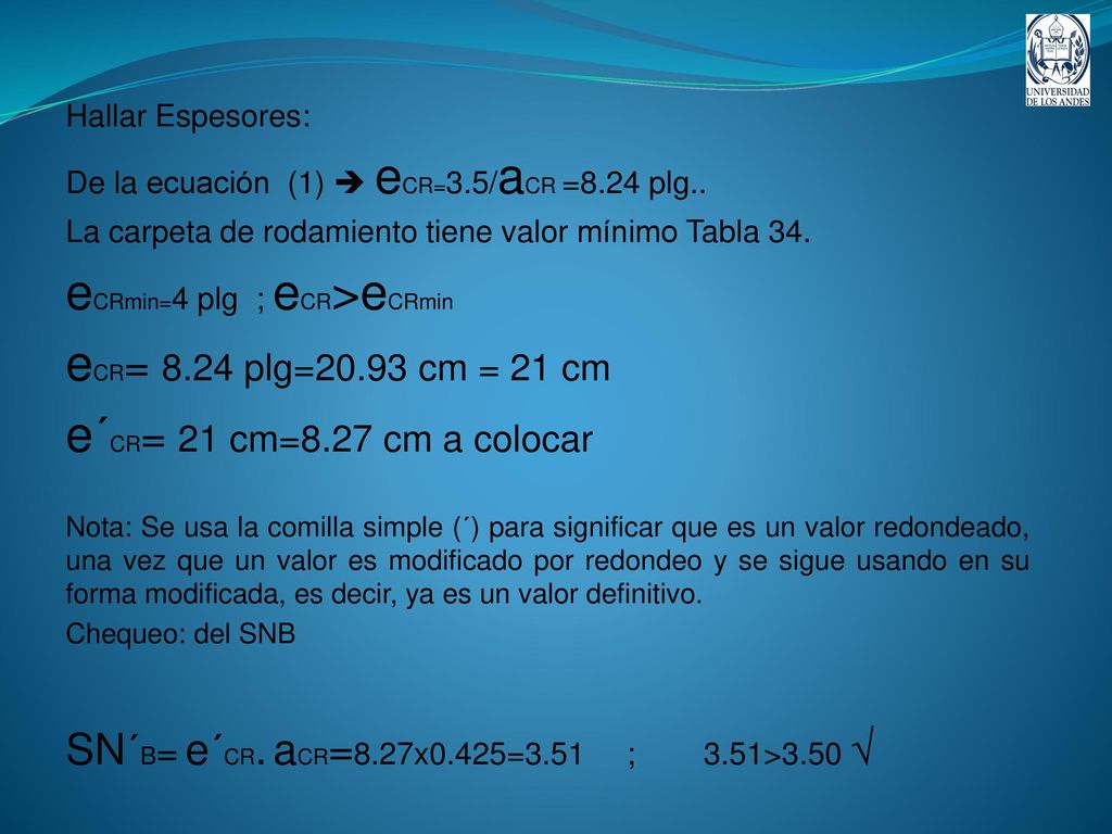 eCRmin=4 plg ; eCR>eCRmin eCR= 8.24 plg=20.93 cm = 21 cm