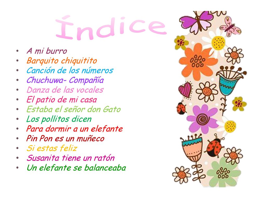 Índice A mi burro Barquito chiquitito Canción de los números
