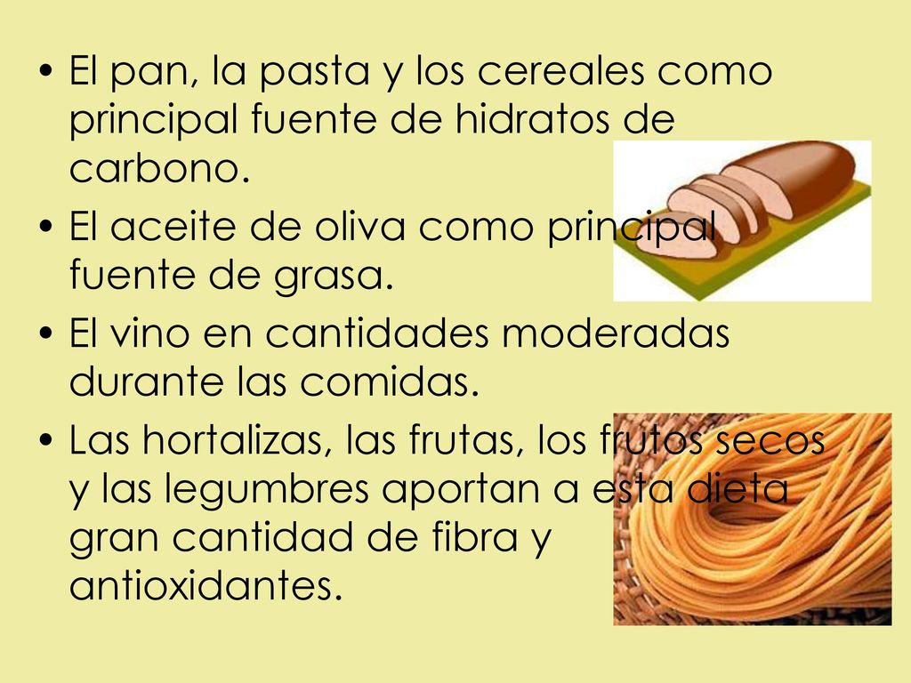 El pan, la pasta y los cereales como principal fuente de hidratos de carbono.