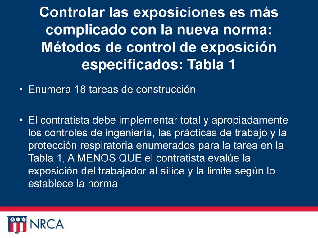 Controlar las exposiciones es más complicado con la nueva norma: Métodos de control de exposición especificados: Tabla 1