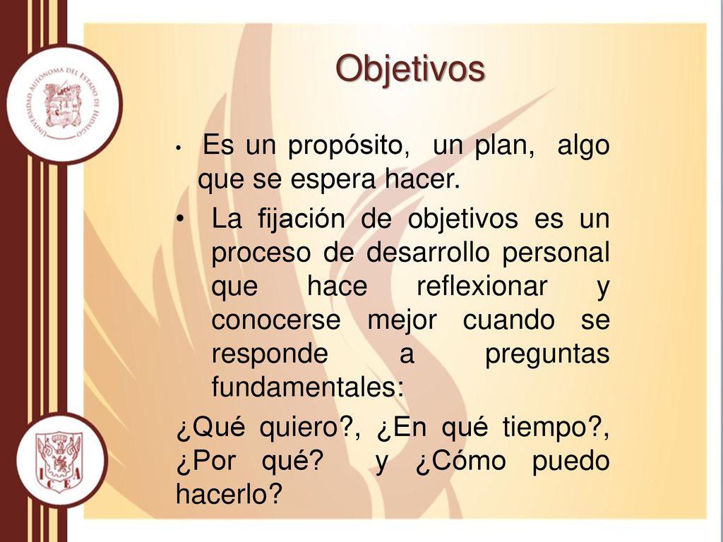 Objetivos Es un propósito, un plan, algo que se espera hacer.