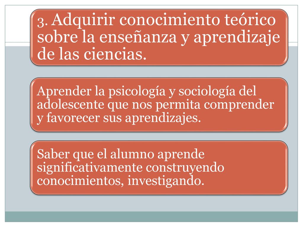 3. Adquirir conocimiento teórico sobre la enseñanza y aprendizaje de las ciencias.