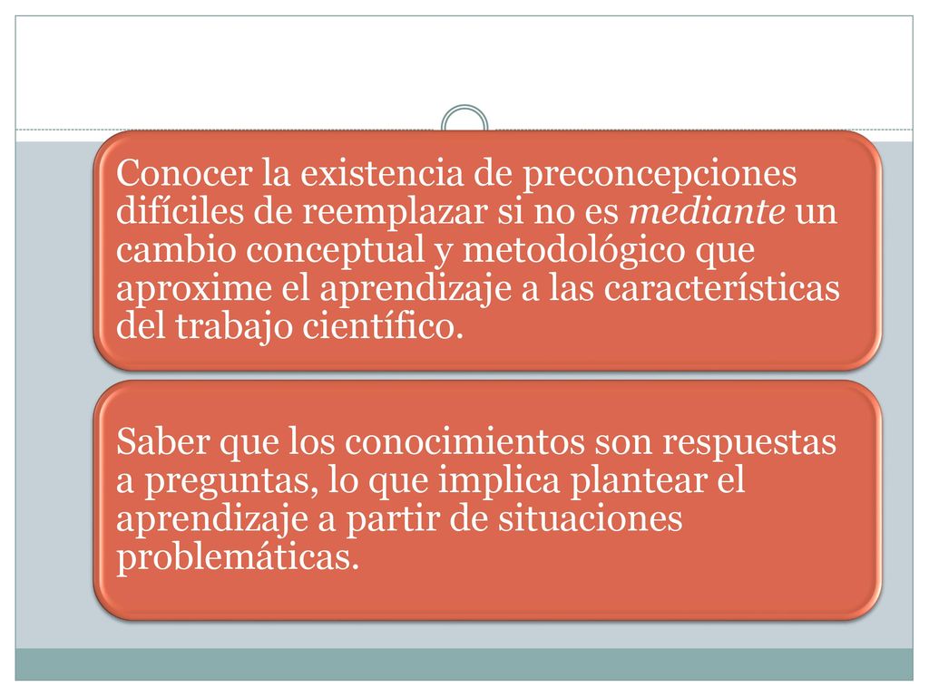 Conocer la existencia de preconcepciones difíciles de reemplazar si no es mediante un cambio conceptual y metodológico que aproxime el aprendizaje a las características del trabajo científico.