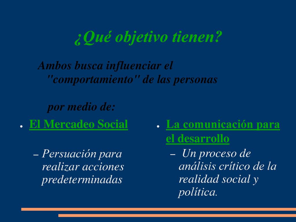 ¿Qué objetivo tienen Ambos busca influenciar el comportamiento de las personas. por medio de: El Mercadeo Social.