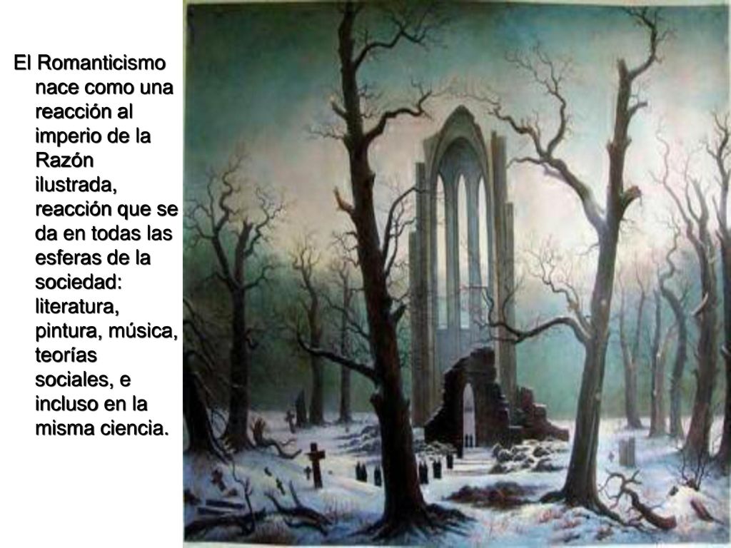 El Romanticismo nace como una reacción al imperio de la Razón ilustrada, reacción que se da en todas las esferas de la sociedad: literatura, pintura, música, teorías sociales, e incluso en la misma ciencia.