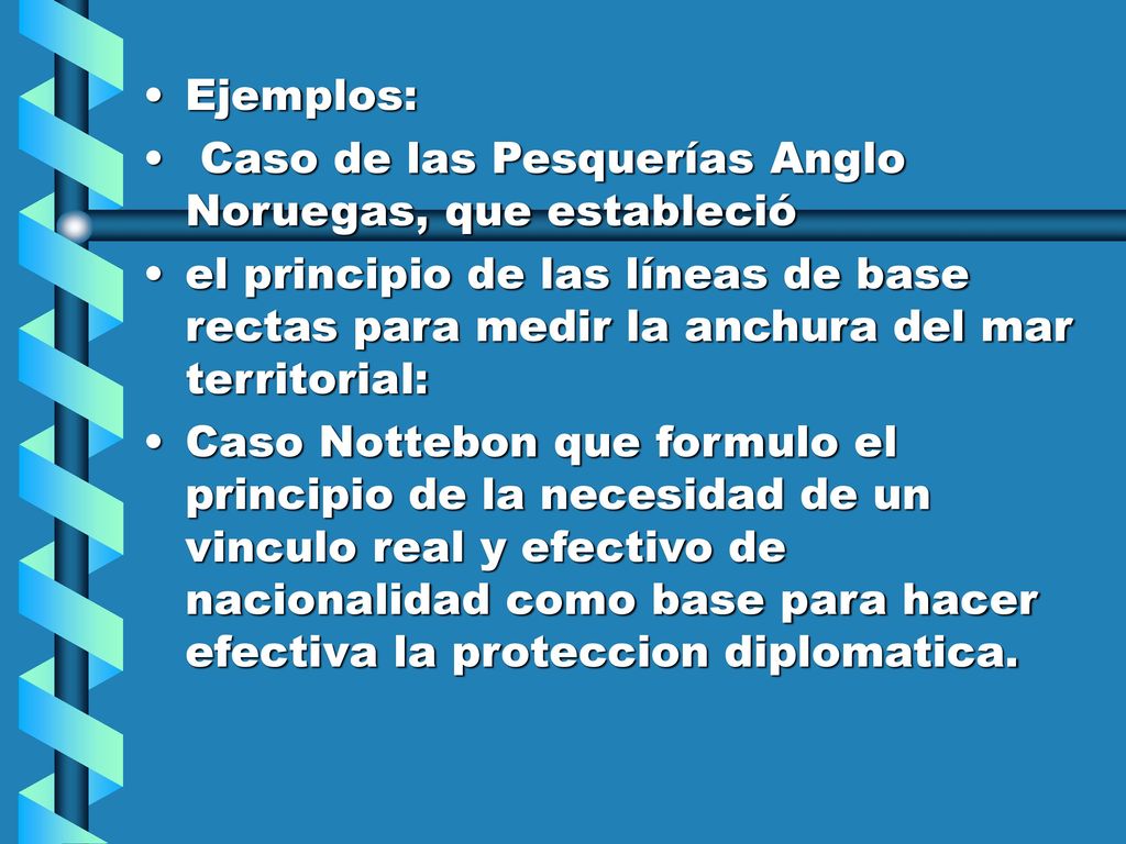 Ejemplos: Caso de las Pesquerías Anglo Noruegas, que estableció.