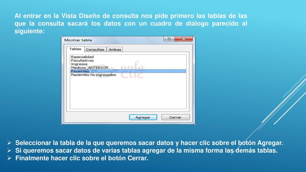Al entrar en la Vista Diseño de consulta nos pide primero las tablas de las que la consulta sacará los datos con un cuadro de diálogo parecido al siguiente: