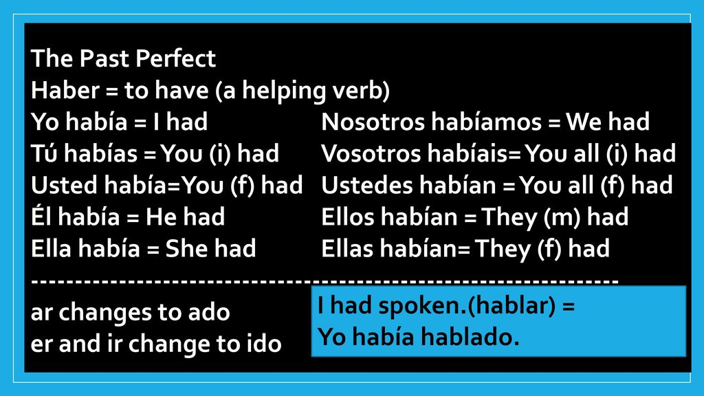 The Past Perfect Haber = to have (a helping verb) Yo había = I had Nosotros habíamos = We had.