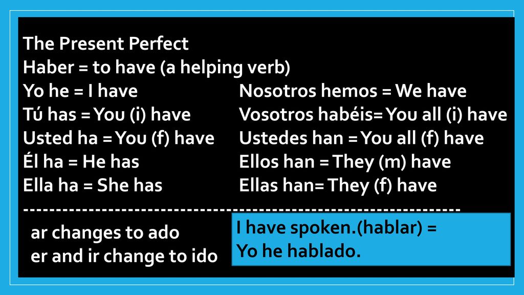 The Present Perfect Haber = to have (a helping verb) Yo he = I have Nosotros hemos = We have.