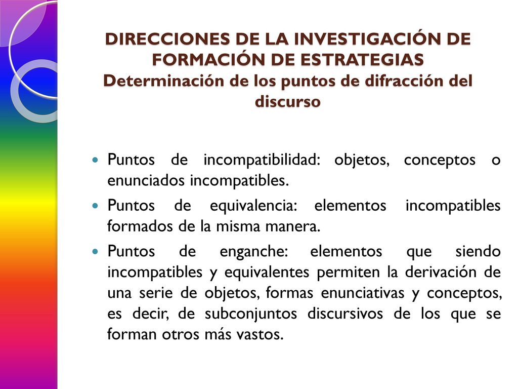 DIRECCIONES DE LA INVESTIGACIÓN DE FORMACIÓN DE ESTRATEGIAS Determinación de los puntos de difracción del discurso