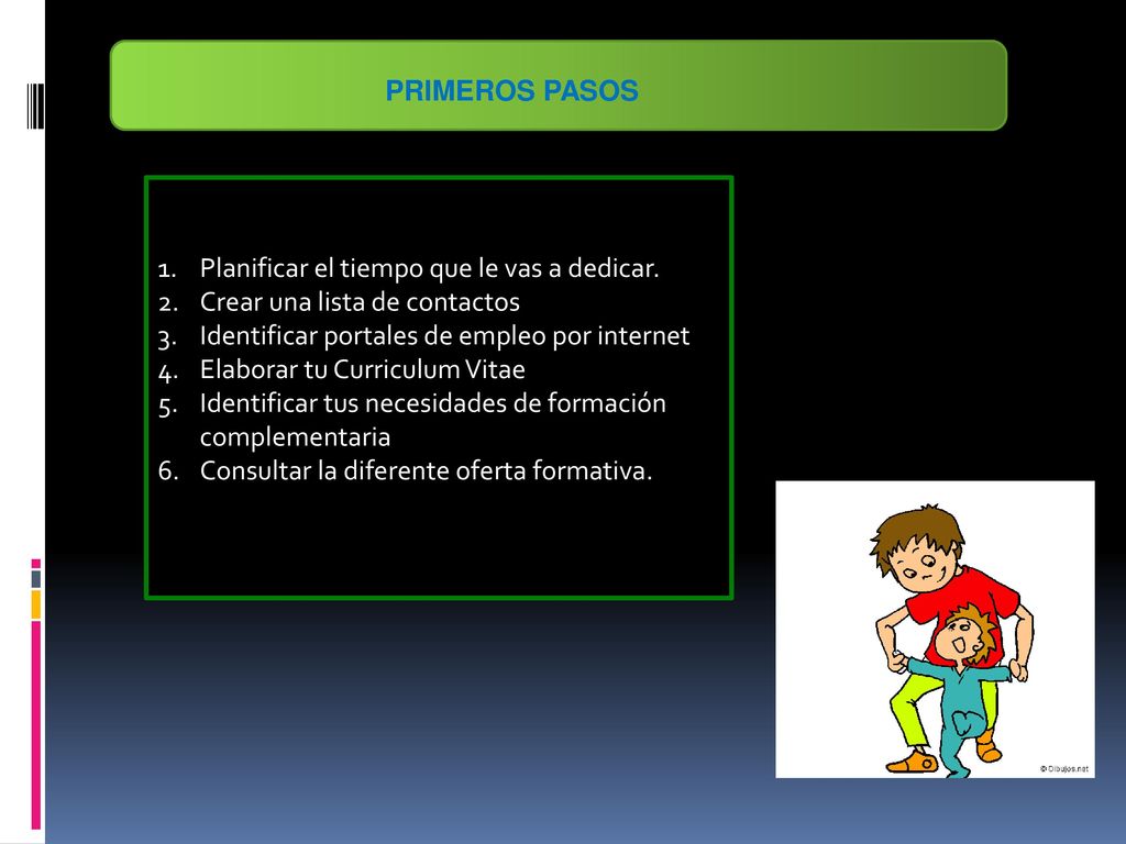 PRIMEROS PASOS Planificar el tiempo que le vas a dedicar. Crear una lista de contactos. Identificar portales de empleo por internet.