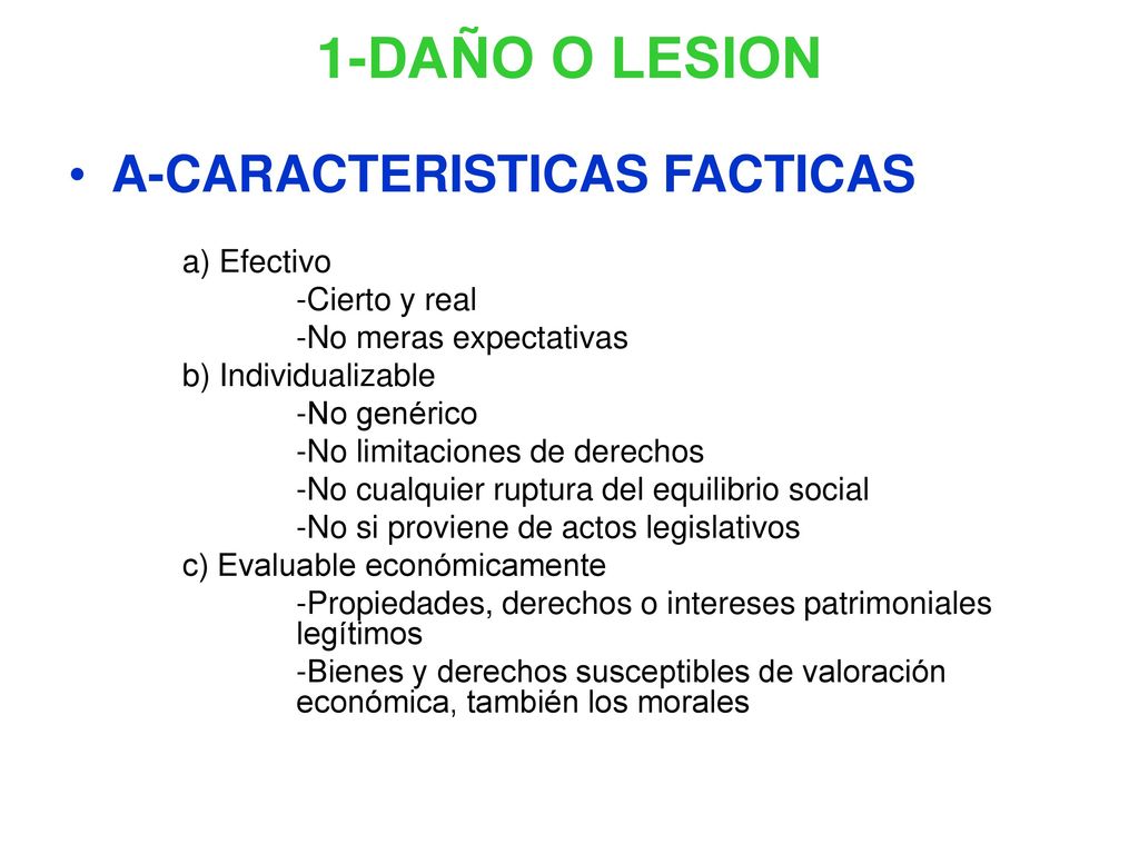 1-DAÑO O LESION A-CARACTERISTICAS FACTICAS a) Efectivo -Cierto y real