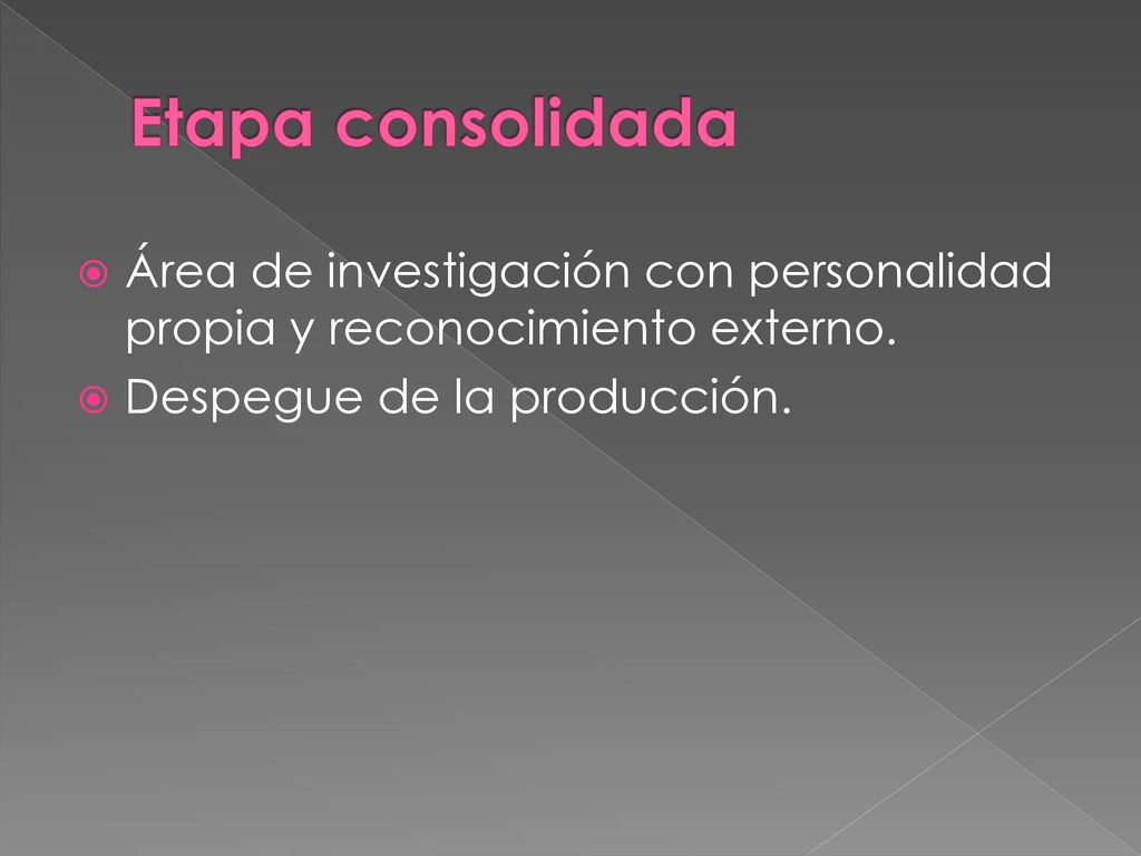 Etapa consolidada Área de investigación con personalidad propia y reconocimiento externo.