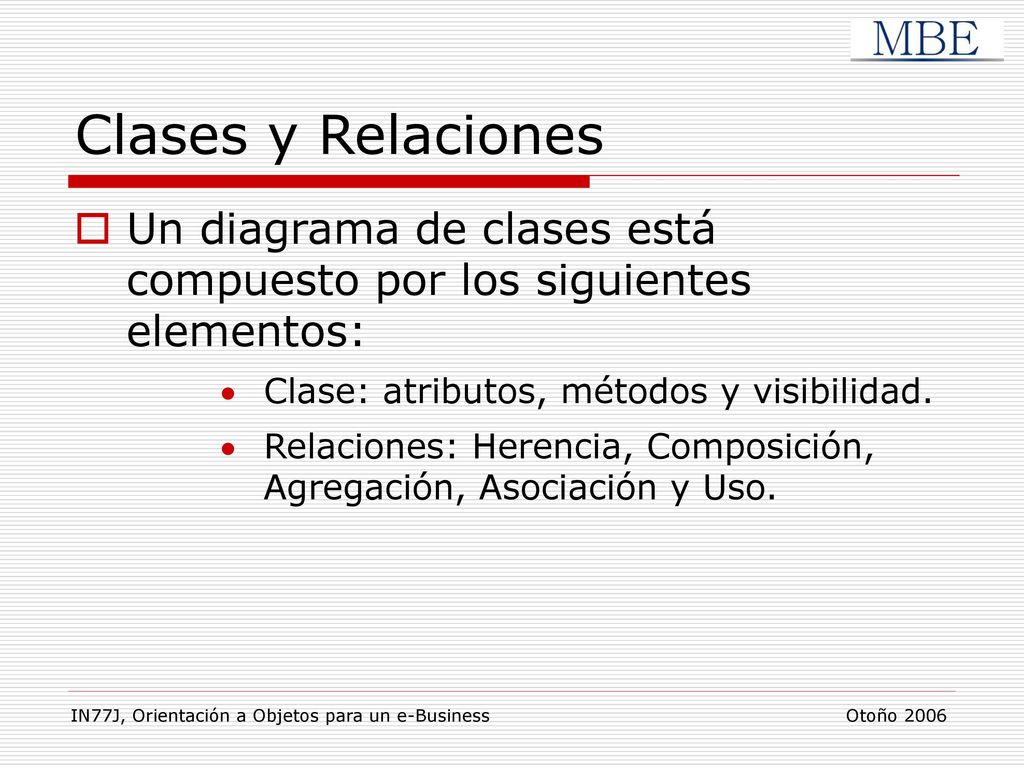 Clases y Relaciones Un diagrama de clases está compuesto por los siguientes elementos: Clase: atributos, métodos y visibilidad.