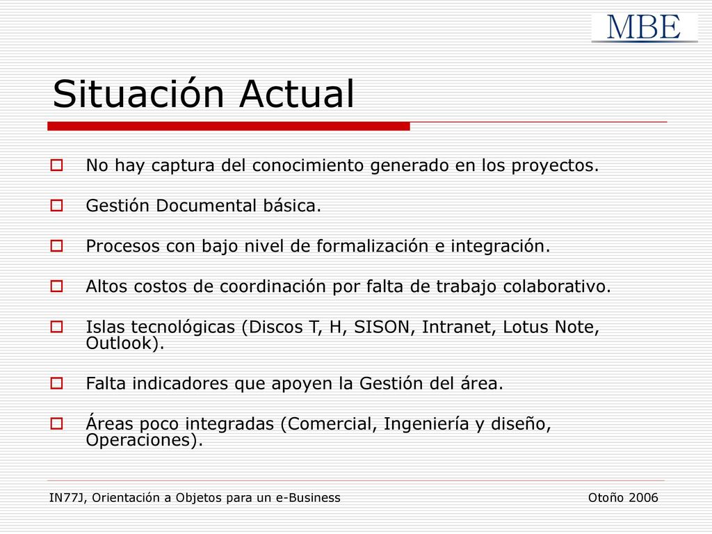Situación Actual No hay captura del conocimiento generado en los proyectos. Gestión Documental básica.