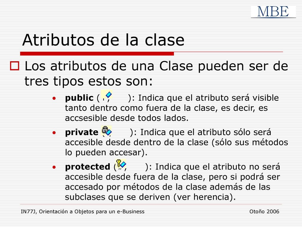 Atributos de la clase Los atributos de una Clase pueden ser de tres tipos estos son: