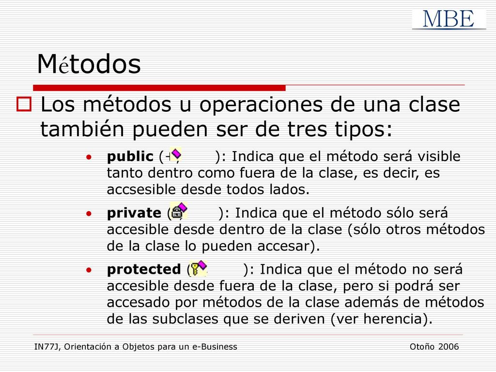 Métodos Los métodos u operaciones de una clase también pueden ser de tres tipos: