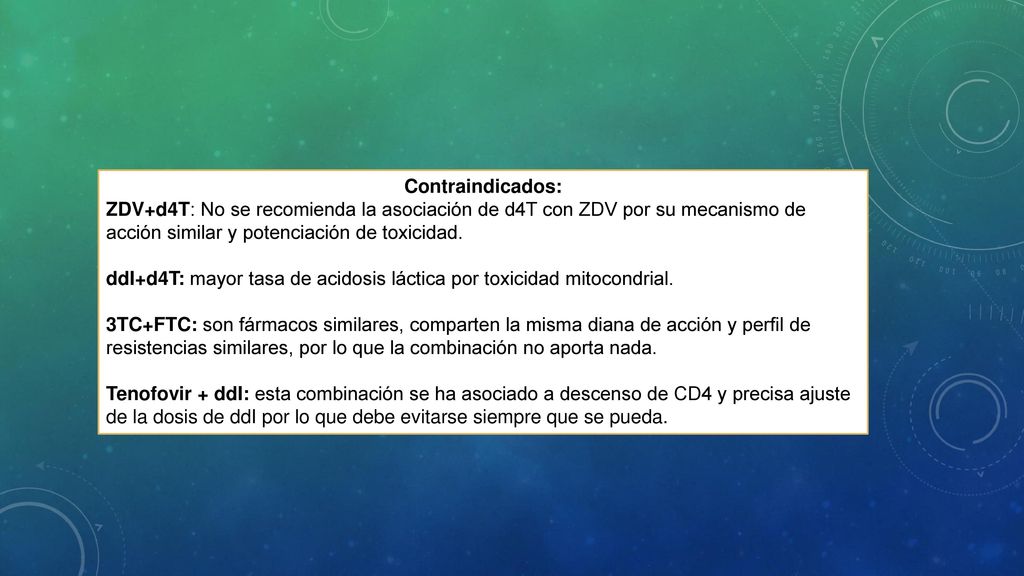 Contraindicados: ZDV+d4T: No se recomienda la asociación de d4T con ZDV por su mecanismo de acción similar y potenciación de toxicidad.