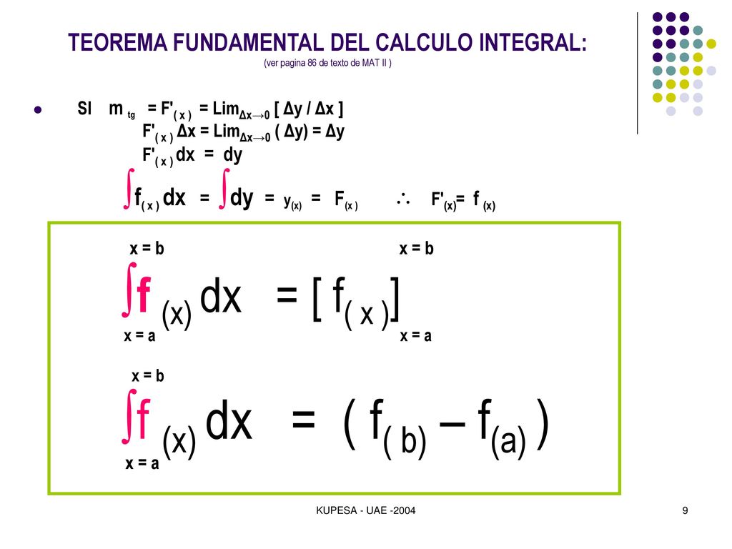 TEOREMA FUNDAMENTAL DEL CALCULO INTEGRAL: (ver pagina 86 de texto de MAT II )