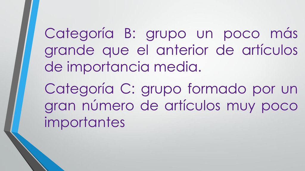 Categoría B: grupo un poco más grande que el anterior de artículos de importancia media.