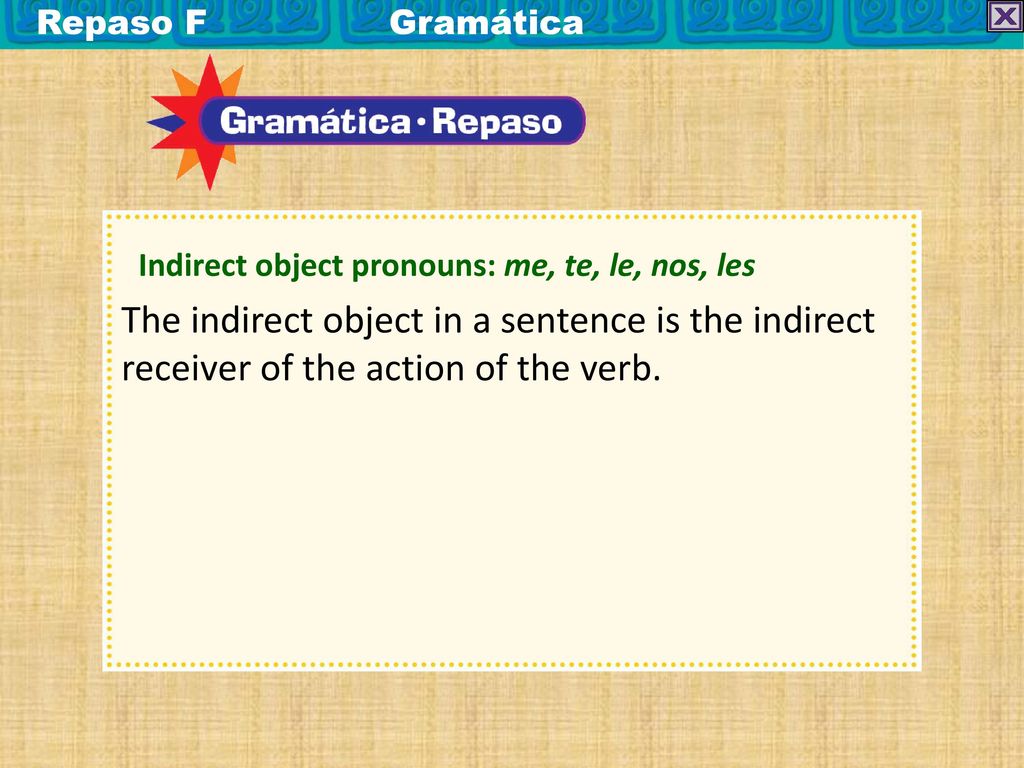 Repaso F Gramática Indirect object pronouns: me, te, le, nos, les.
