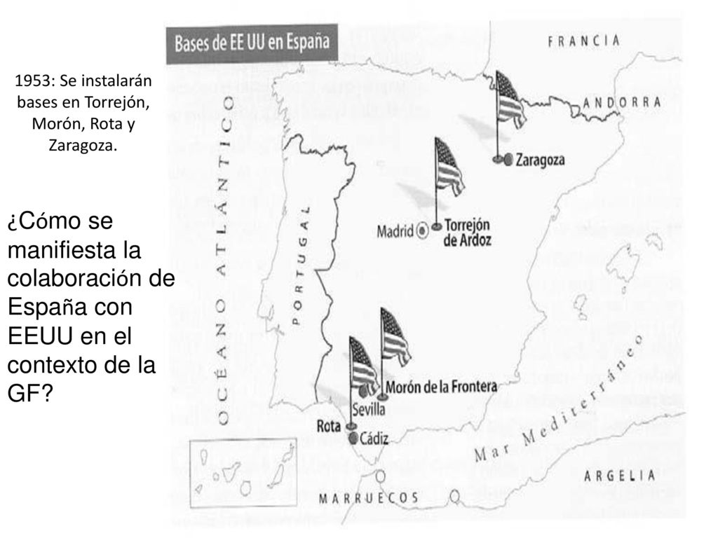 1953: Se instalarán bases en Torrejón, Morón, Rota y Zaragoza.