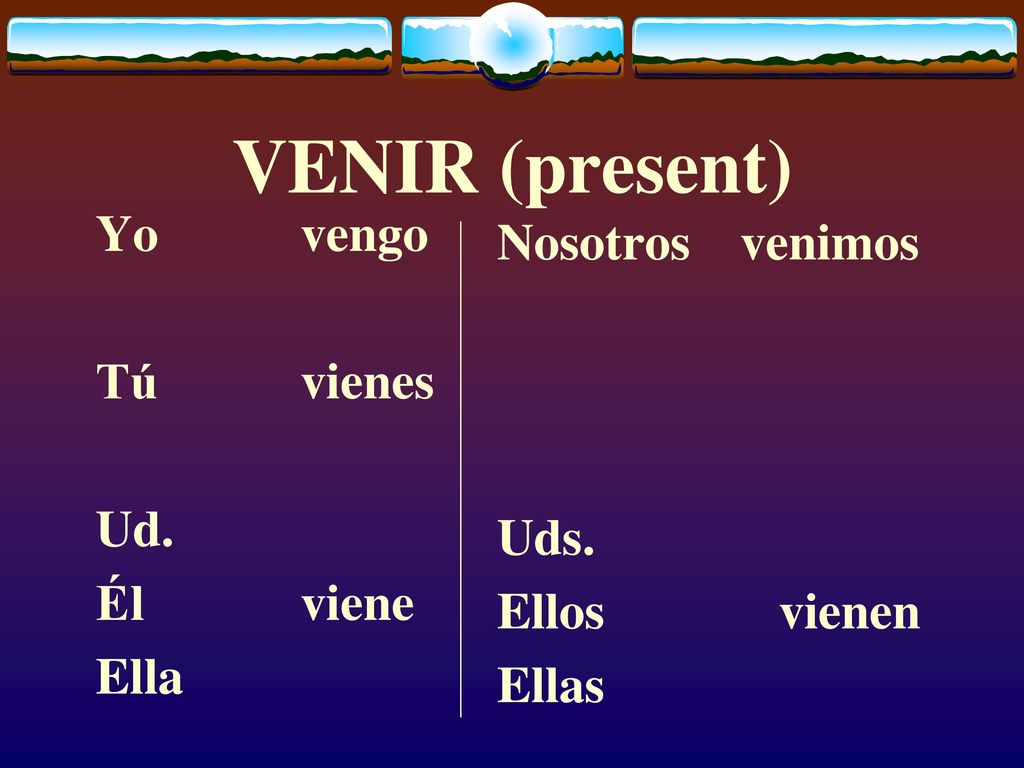 VENIR (present) Yo vengo Nosotros venimos Tú vienes Ud. Uds. Él viene