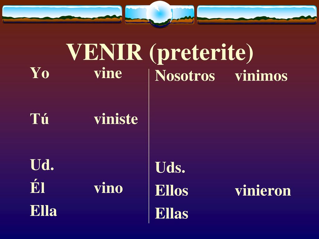 VENIR (preterite) Yo vine Nosotros vinimos Tú viniste Ud. Uds. Él vino