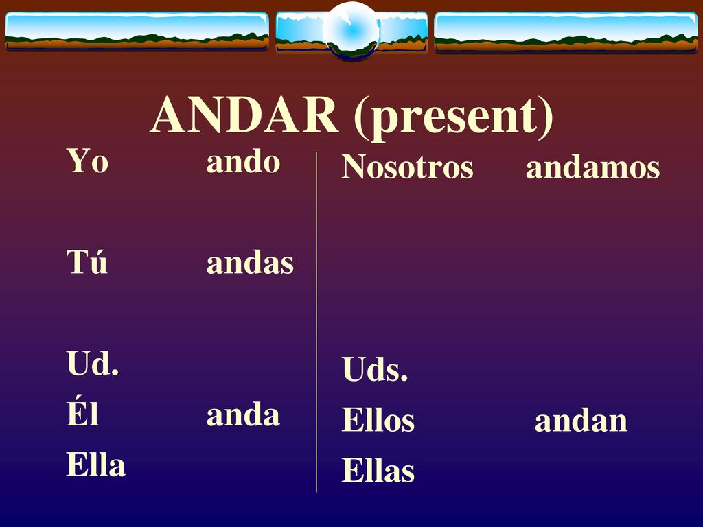ANDAR (present) Yo ando Nosotros andamos Tú andas Ud. Uds. Él anda