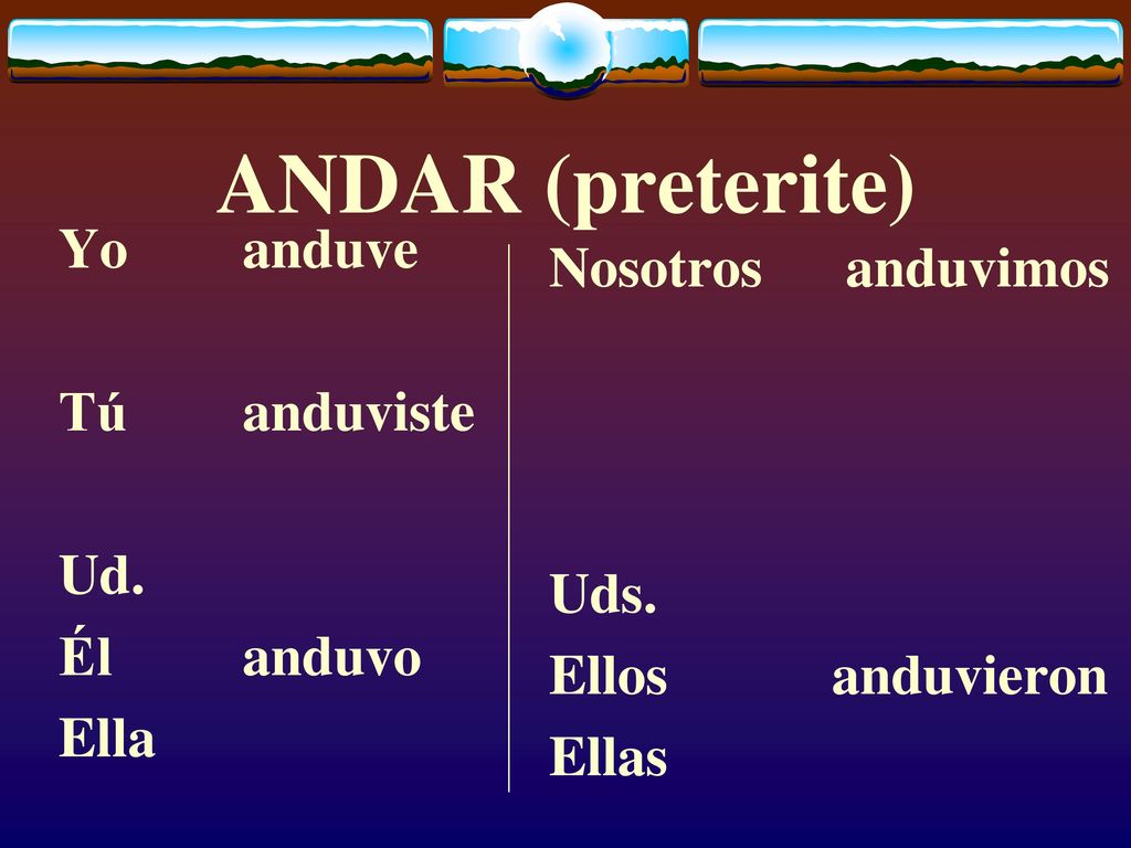 ANDAR (preterite) Yo anduve Nosotros anduvimos Tú anduviste Ud. Uds.