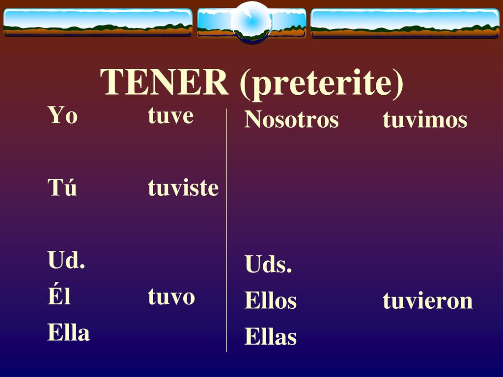 TENER (preterite) Yo tuve Nosotros tuvimos Tú tuviste Ud. Uds. Él tuvo