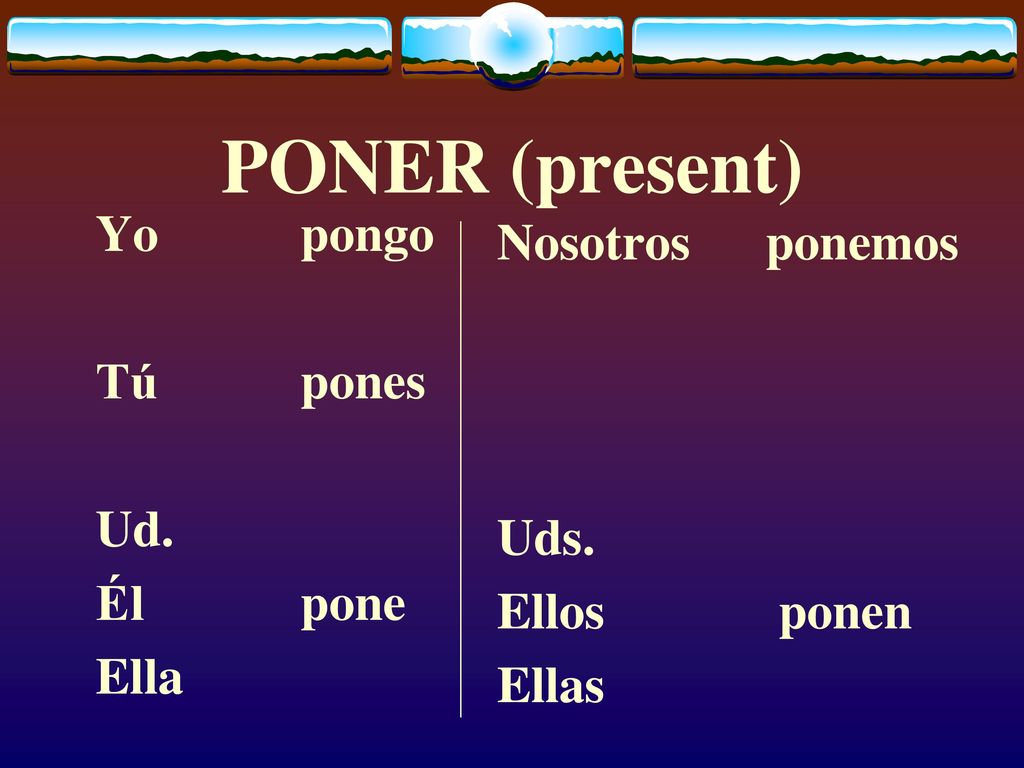 PONER (present) Yo pongo Nosotros ponemos Tú pones Ud. Uds. Él pone