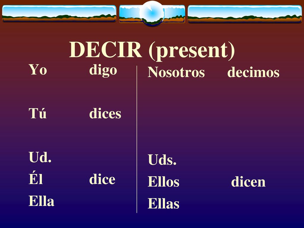 DECIR (present) Yo digo Nosotros decimos Tú dices Ud. Uds. Él dice
