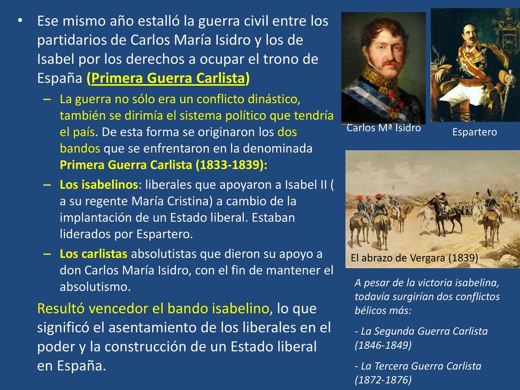 Ese mismo año estalló la guerra civil entre los partidarios de Carlos María Isidro y los de Isabel por los derechos a ocupar el trono de España (Primera Guerra Carlista)