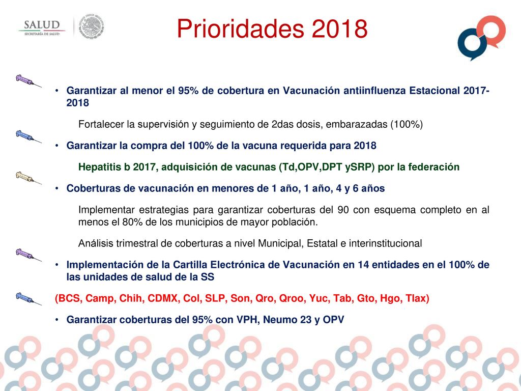 Prioridades 2018 Garantizar al menor el 95% de cobertura en Vacunación antiinfluenza Estacional