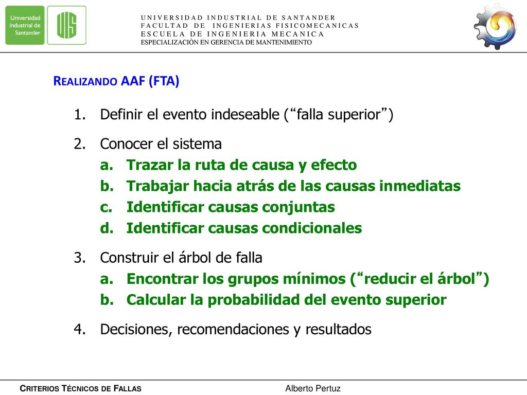 Definir el evento indeseable ( falla superior ) Conocer el sistema