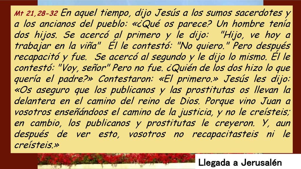 Mt 21,28-32 En aquel tiempo, dijo Jesús a los sumos sacerdotes y a los ancianos del pueblo: «¿Qué os parece Un hombre tenía dos hijos. Se acercó al primero y le dijo: Hijo, ve hoy a trabajar en la viña Él le contestó: No quiero. Pero después recapacitó y fue. Se acercó al segundo y le dijo lo mismo. Él le contestó: Voy, señor Pero no fue. ¿Quién de los dos hizo lo que quería el padre » Contestaron: «El primero.» Jesús les dijo: «Os aseguro que los publicanos y las prostitutas os llevan la delantera en el camino del reino de Dios. Porque vino Juan a vosotros enseñándoos el camino de la justicia, y no le creísteis; en cambio, los publicanos y prostitutas le creyeron. Y, aun después de ver esto, vosotros no recapacitasteis ni le creísteis.»