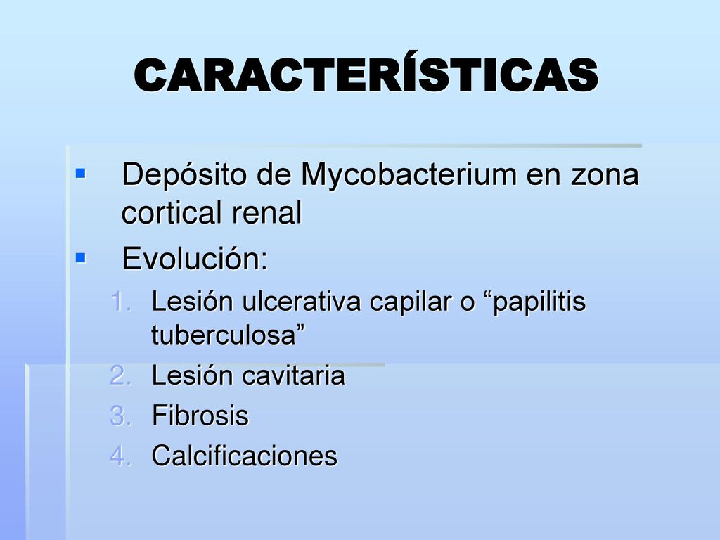 CARACTERÍSTICAS Depósito de Mycobacterium en zona cortical renal