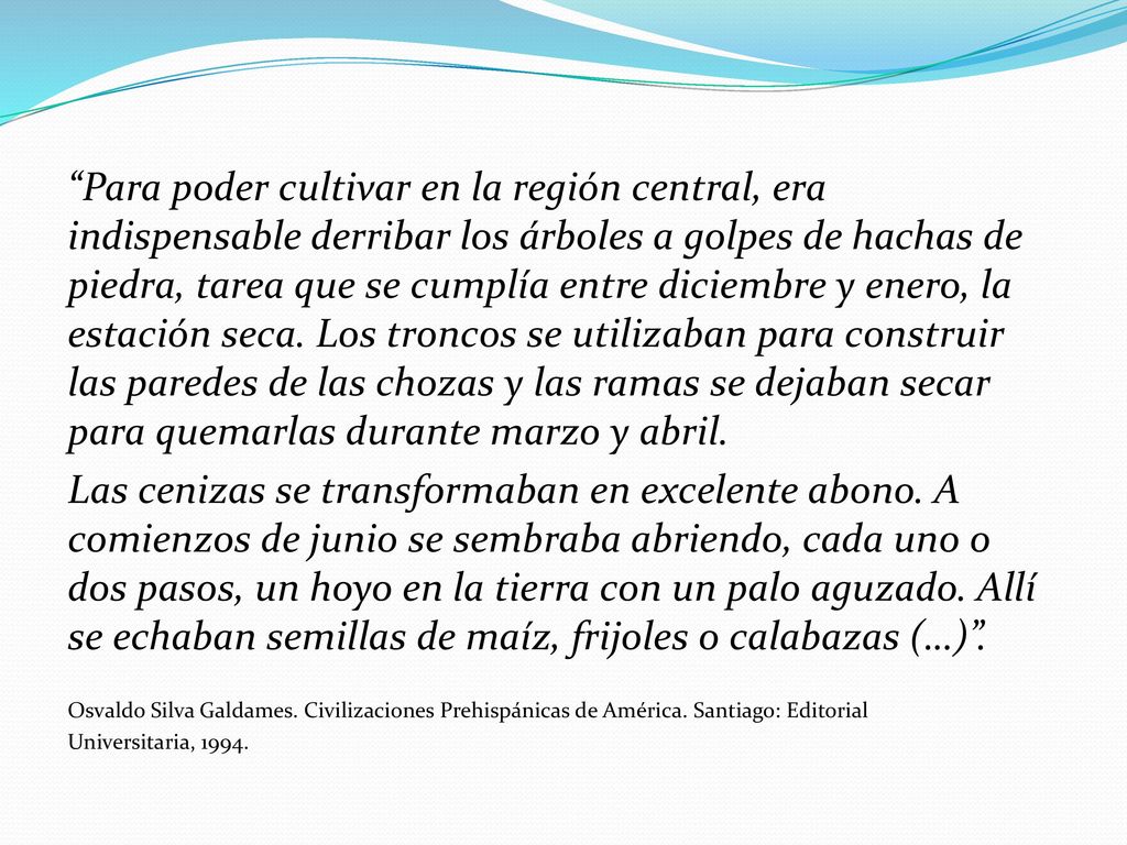 Para poder cultivar en la región central, era indispensable derribar los árboles a golpes de hachas de piedra, tarea que se cumplía entre diciembre y enero, la estación seca. Los troncos se utilizaban para construir las paredes de las chozas y las ramas se dejaban secar para quemarlas durante marzo y abril.