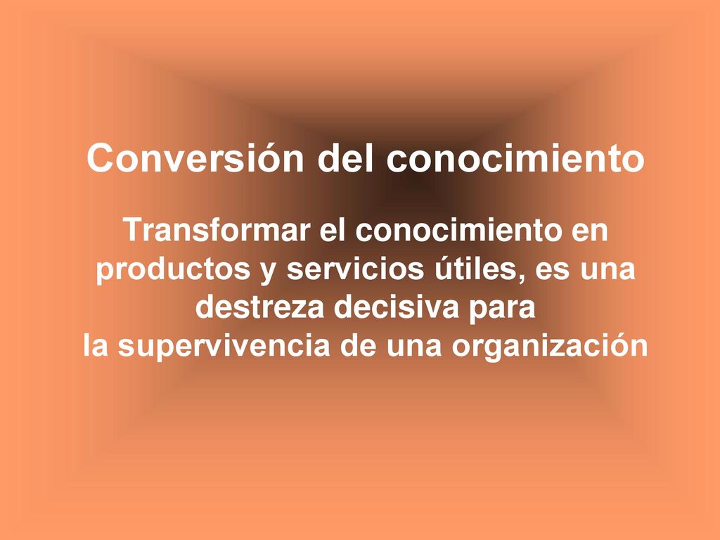 Conversión del conocimiento Transformar el conocimiento en productos y servicios útiles, es una destreza decisiva para la supervivencia de una organización