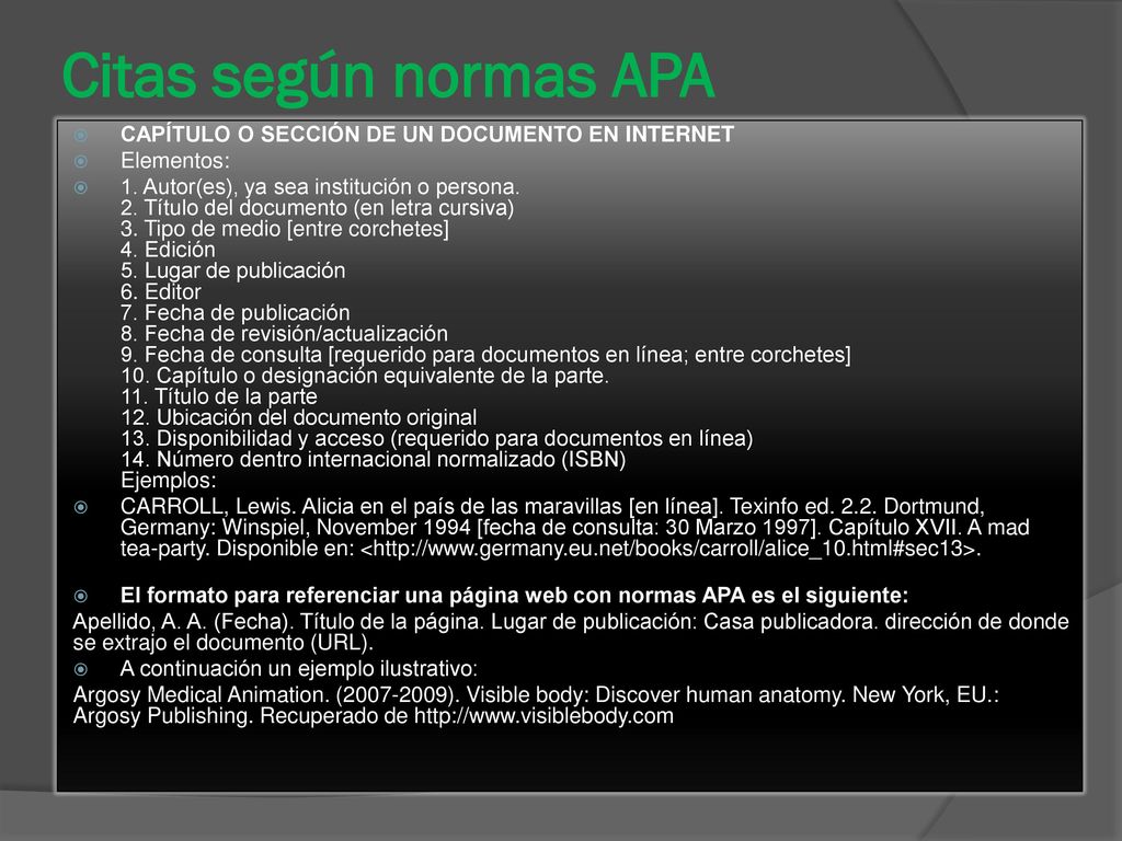 Citas según normas APA CAPÍTULO O SECCIÓN DE UN DOCUMENTO EN INTERNET