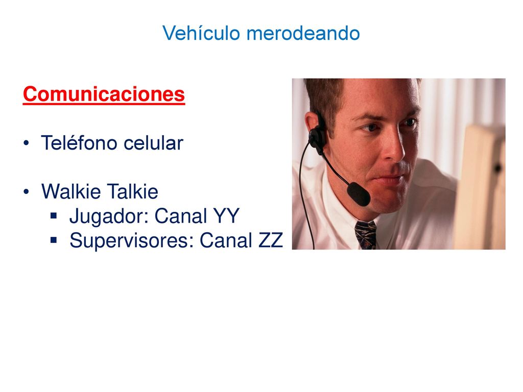 Comunicaciones Teléfono celular Walkie Talkie Jugador: Canal YY Supervisores: Canal ZZ