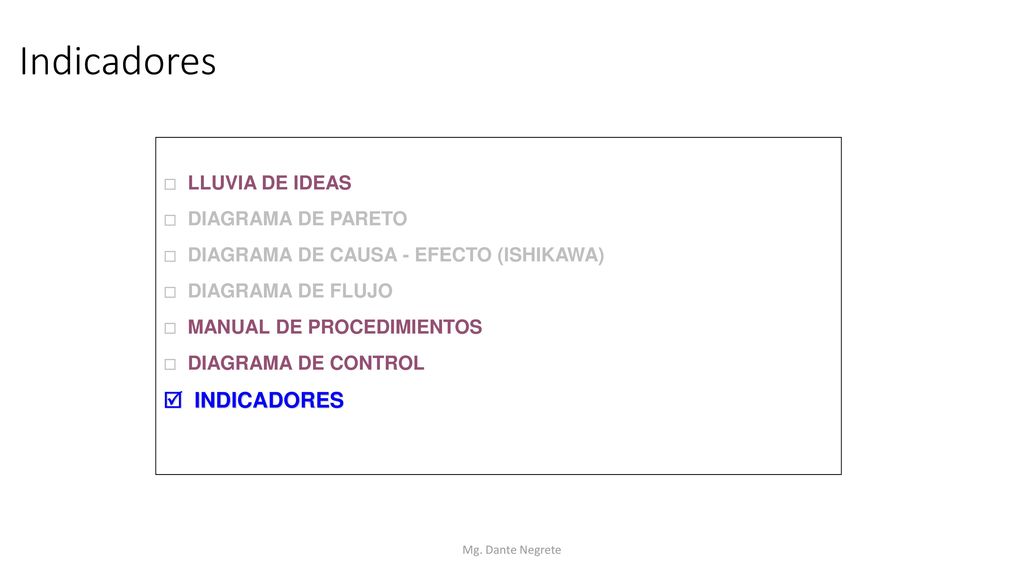 Indicadores  INDICADORES  LLUVIA DE IDEAS  DIAGRAMA DE PARETO