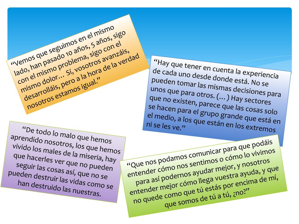 Vemos que seguimos en el mismo lado, han pasado 10 años, 5 años, sigo con el mismo problema, sigo con el mismo dolor… Sí, vosotros avanzáis, desarrolláis, pero a la hora de la verdad nosotros estamos igual.