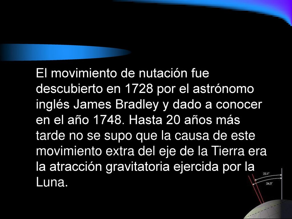 El movimiento de nutación fue descubierto en 1728 por el astrónomo inglés James Bradley y dado a conocer en el año 1748.