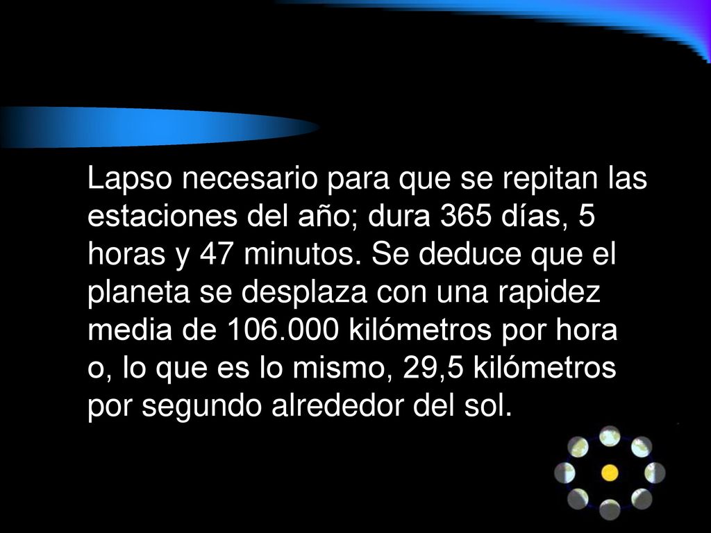 Lapso necesario para que se repitan las estaciones del año; dura 365 días, 5 horas y 47 minutos.