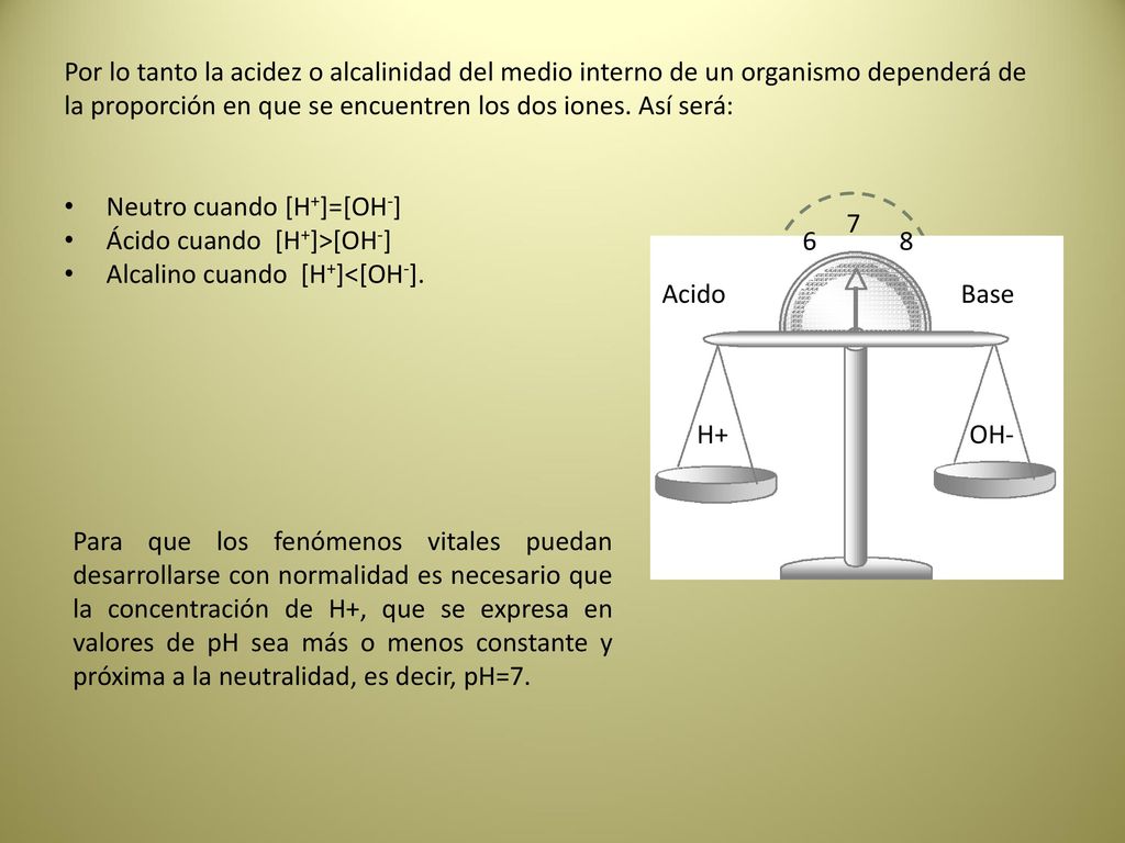 Por lo tanto la acidez o alcalinidad del medio interno de un organismo dependerá de la proporción en que se encuentren los dos iones. Así será: