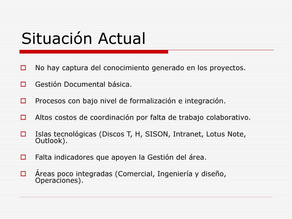 Situación Actual No hay captura del conocimiento generado en los proyectos. Gestión Documental básica.
