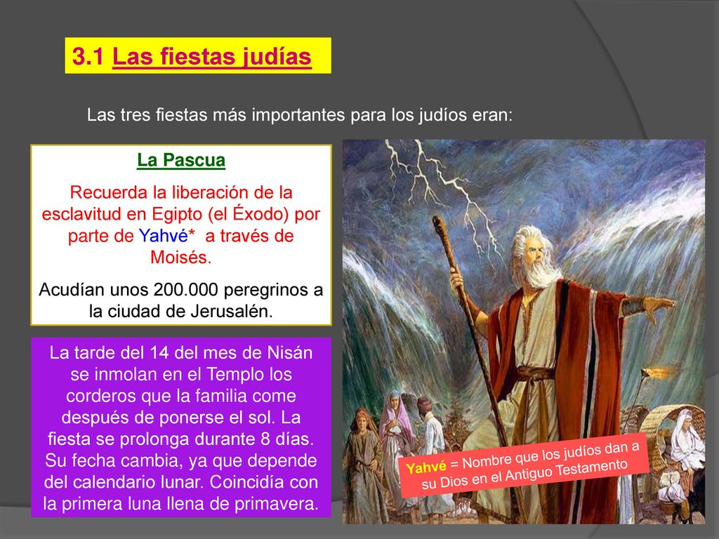 3.1 Las fiestas judías Las tres fiestas más importantes para los judíos eran: La Pascua.