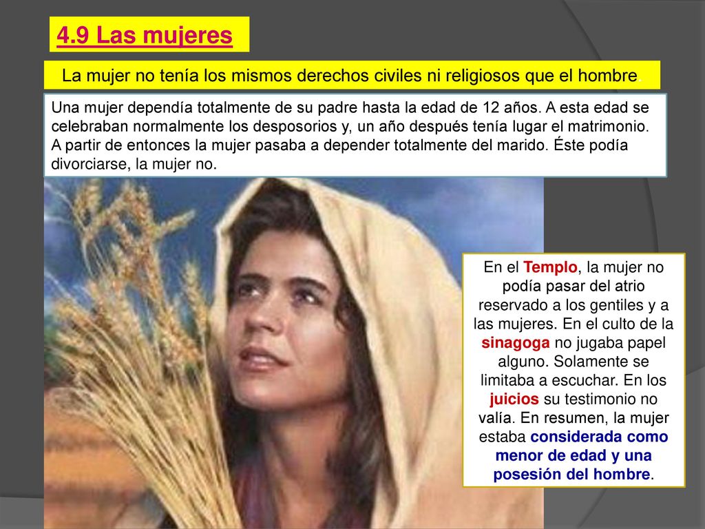 4.9 Las mujeres La mujer no tenía los mismos derechos civiles ni religiosos que el hombre.